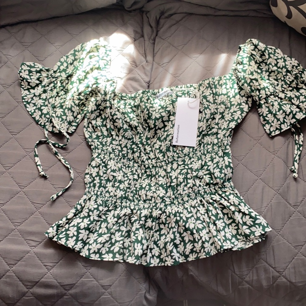 Reformation green floral print blouse